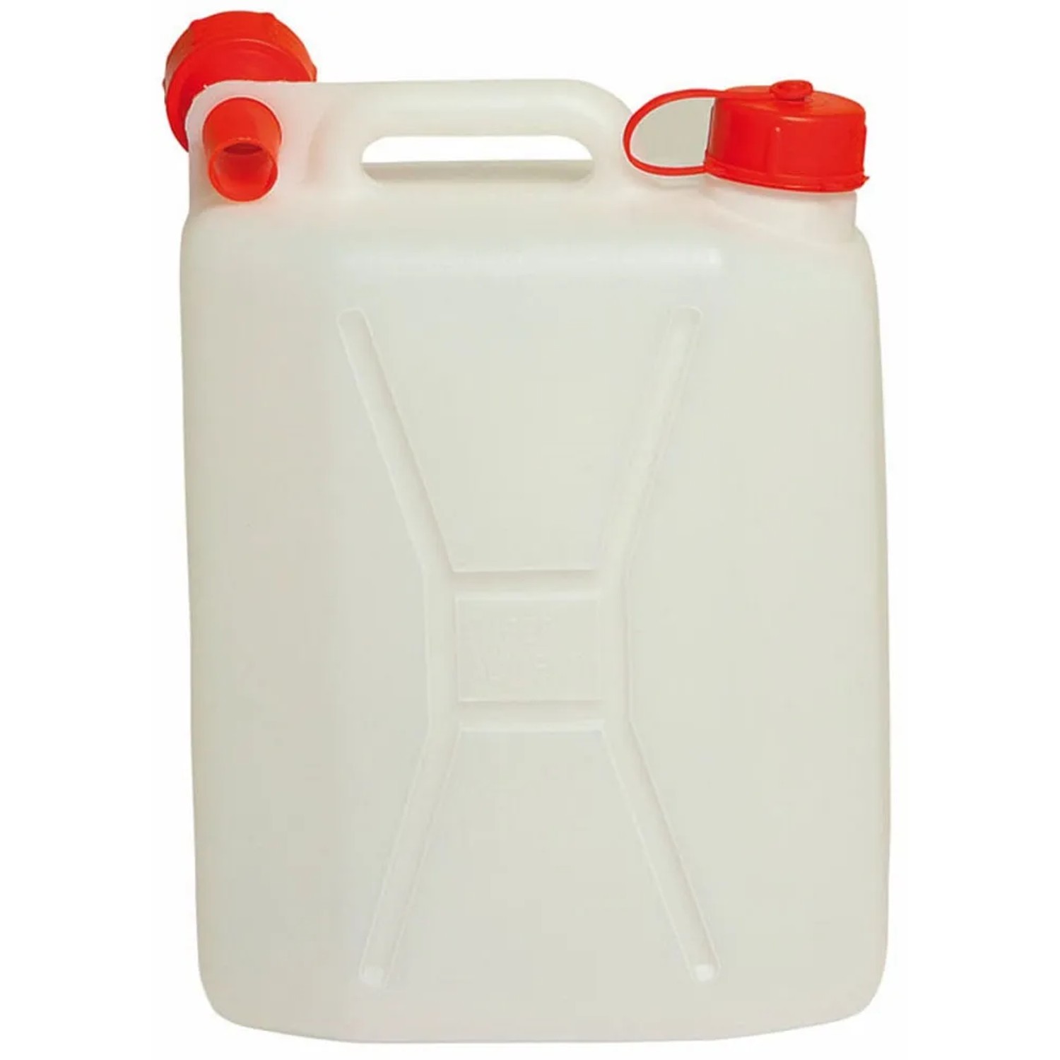 Tanica d'acqua bianca con tappo rosso per campeggio e outdoor.