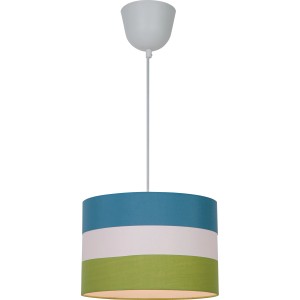 Lampada a sospensione t.b.t. con paralume in tessuto blu, bianco e verde.