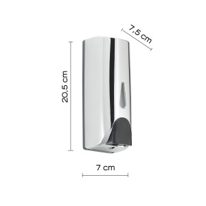 Dispenser sapone cromato con dimensioni. Ideale per bagno e WC.