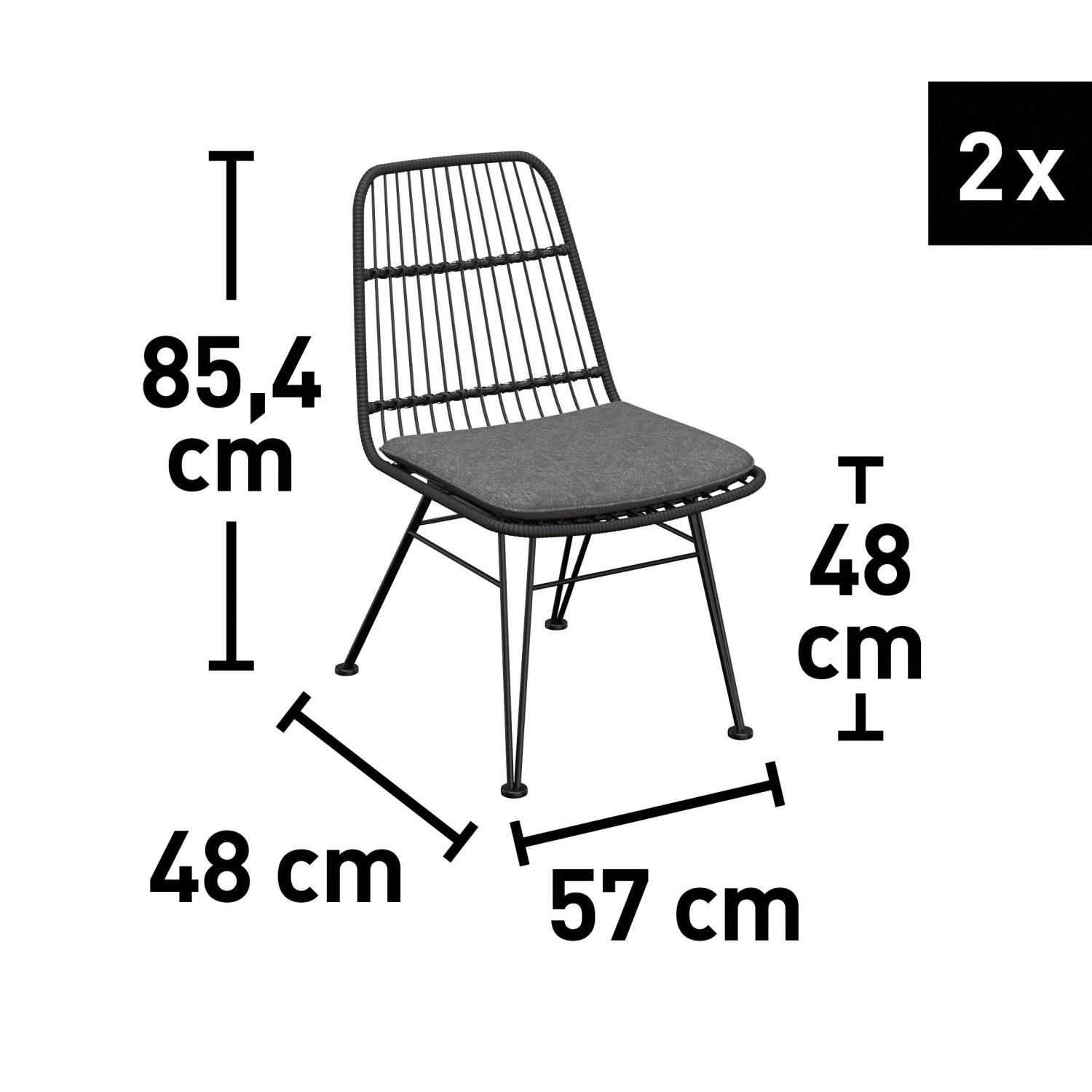 Sedia set balcone Takone, set da 2, nera, con cuscino e dimensioni.