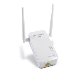 Ripetitore Wi-Fi Metronic bianco con due antenne per una migliore ricezione.