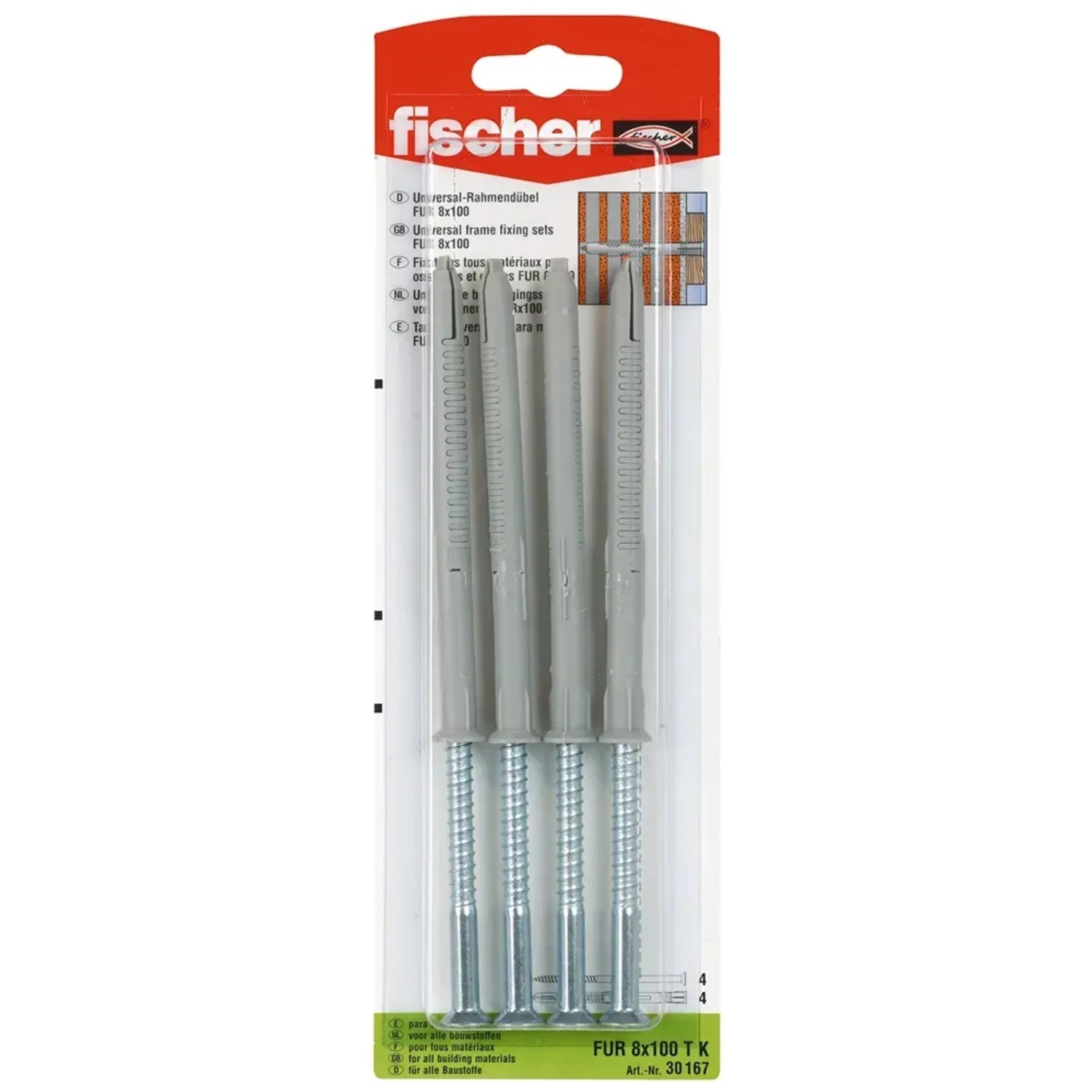 Fischer Tassello universale per telaio FUR 8 x 100 T K, 4 pezzi, per fissaggi sicuri in diversi materiali.