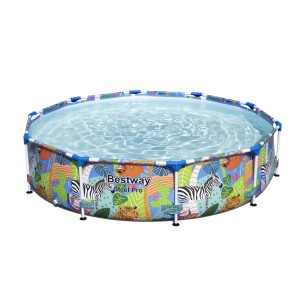 Piscina rotonda con struttura in acciaio e motivo giungla, piena d'acqua.