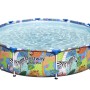Piscina rotonda con struttura in acciaio e motivo giungla, piena d'acqua.