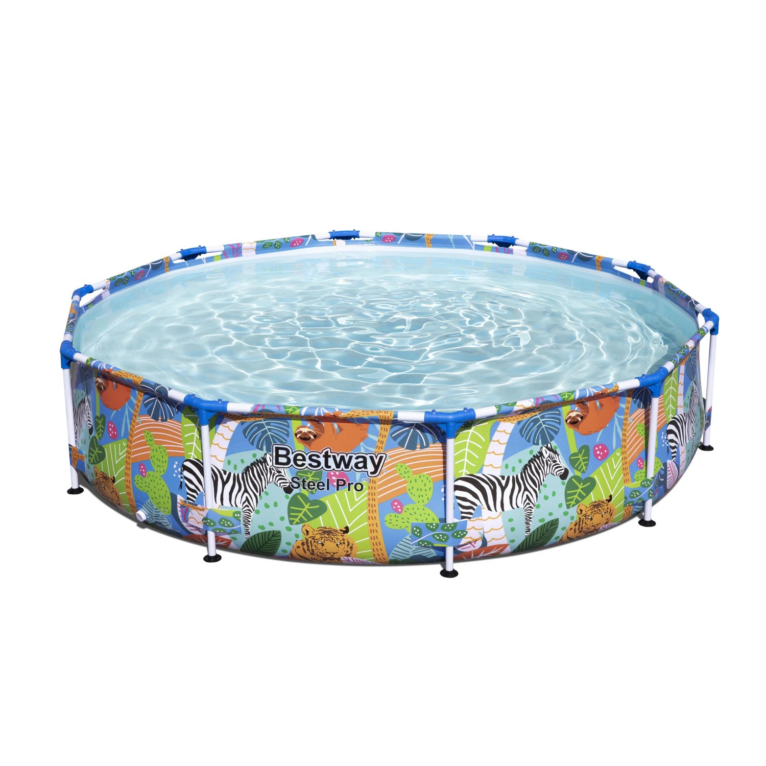 Piscina rotonda con struttura in acciaio e motivo giungla, piena d'acqua.
