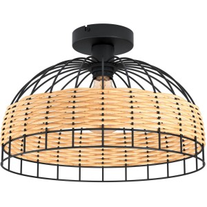 Plafoniera nera Eglo Anwick con paralume in rattan in stile vintage.