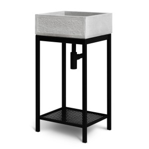 Fontana da giardino t.b.t. con vasca grigia e struttura in metallo nero.