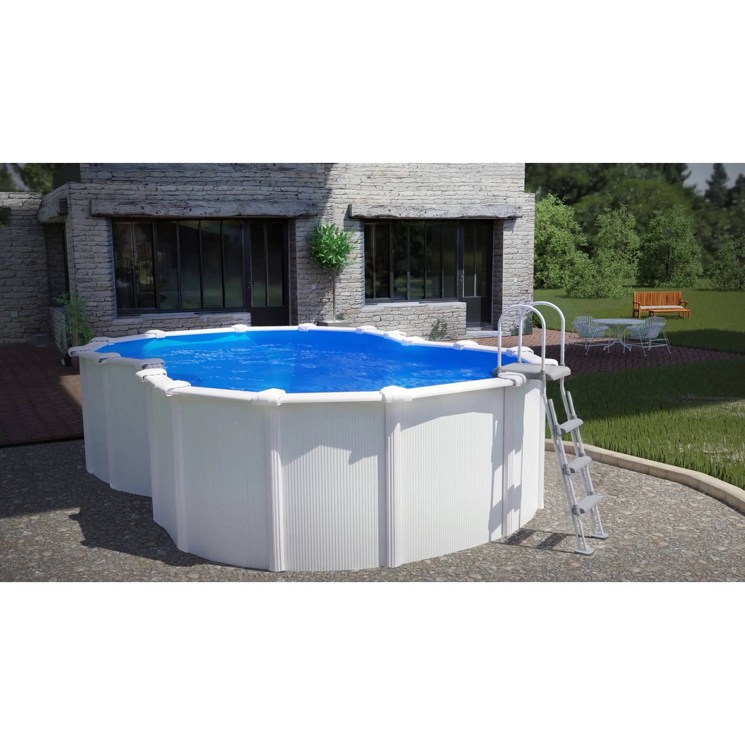 Piscina ovale bianca Gre Varadero, 500x340x120 cm, con scaletta in giardino.