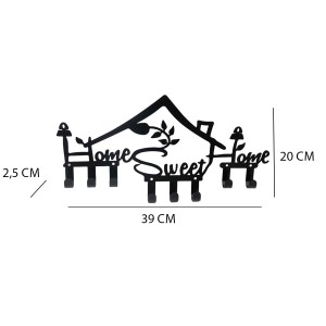 Appendiabiti da parete nero con design "Home Sweet Home" e 5 ganci.