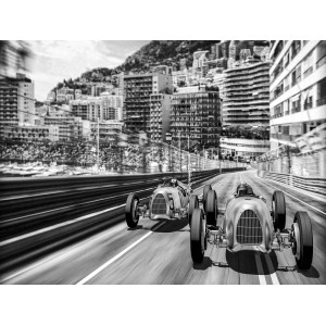 Quadri in bianco e nero con due auto da corsa su un circuito.