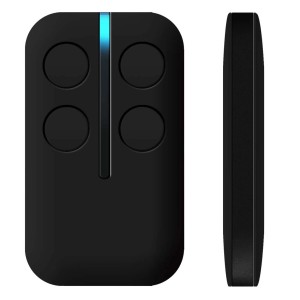 Telecomando nero per automazioni per portoni garage con quattro pulsanti.