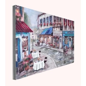 Quadri: Dipinto di una vivace scena di strada con caffè e ristoranti.