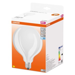 Lampadina LED E27 OSRAM nella confezione. Forma a pera, 150W, bianco freddo.