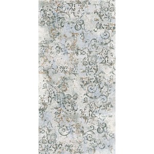 Piastrella decorativa per pavimenti con motivo floreale in grigio e beige.