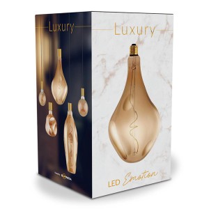 Confezione di una lampadina LED E27 decorativa a forma di goccia.