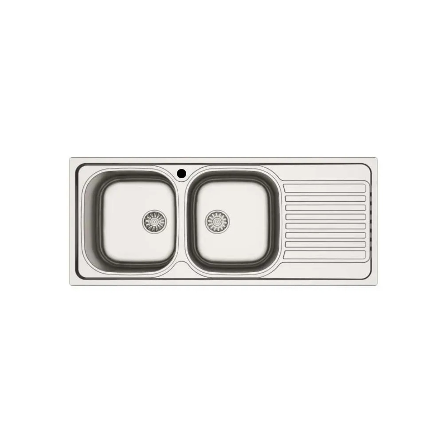 Lavello t.b.t. in acciaio inox con due vasche e scolapiatti.