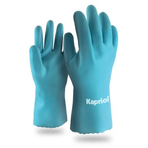 Guanti da lavoro Kapriol in gomma azzurra, palmi rivolti verso l'alto.