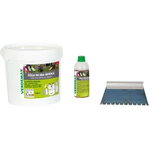 Set per erba sintetica: colla in secchio, flacone e spatola per la posa.