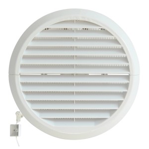 Griglia di ventilazione rotonda bianca con cordino per la regolazione del flusso d'aria.