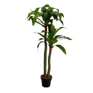 Pianta artificiale con foglie verdi in vaso nero.