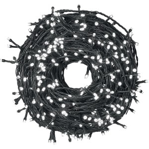 Catena luminosa da esterno arrotolata con tanti piccoli LED bianchi.