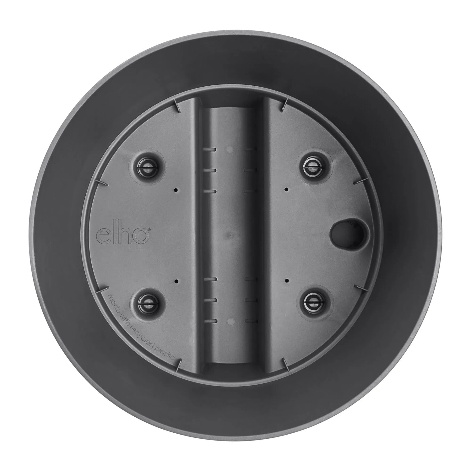 Vaso per piante rotondo Elho Greensense, 35 cm, antracite, vista interna con sistema di irrigazione.