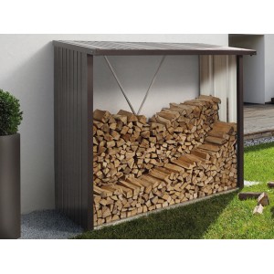 Legnaia Biohort WoodStock in grigio quarzo metallizzato con legna impilata.