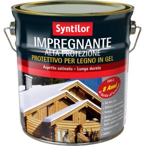 Barattolo blu scuro di impregnante per legno Syntilor con immagine di una casa in legno.