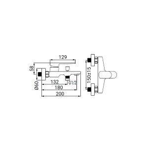Disegno tecnico: Miscelatore per vasca t.b.t. con dimensioni.