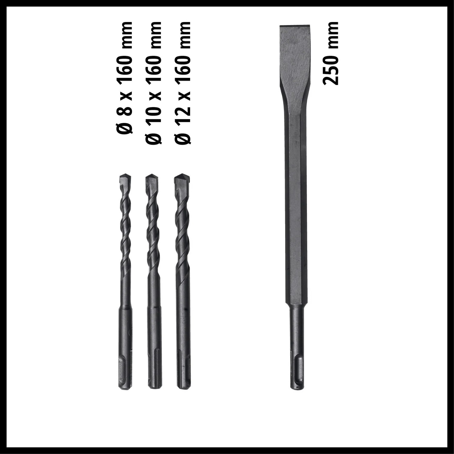 Set di punte e scalpelli per martello perforatore Einhell TC-RH 620 4F Kit, varie dimensioni.