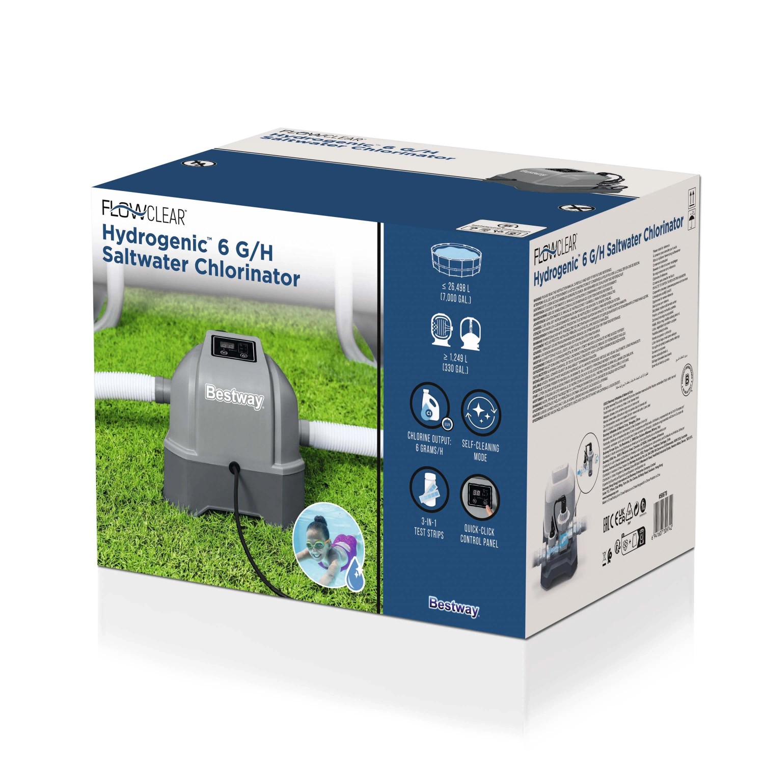 Confezione di un cloratore a sale Bestway Flowclear Hydrogenic 6 G/H per il trattamento dell'acqua della piscina.
