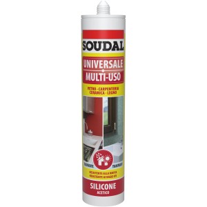 Cartuccia di silicone universale Soudal, adatta per vetro, legno, ceramica e altro.