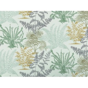 Carta da parati decorativa con motivo felce nei toni del verde, oro e blu.