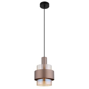 Moderna lampada a sospensione t.b.t. con elementi bronzo e trasparenti.