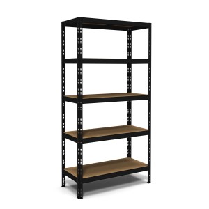 Scaffale nero con cinque ripiani per stoccaggio e organizzazione.