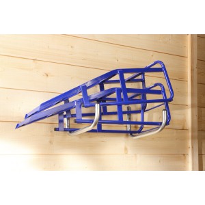 Gancio a muro blu t.b.t. per montaggio su parete in legno.