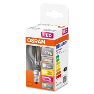 Lampadina LED E14 Osram, dimmerabile, bianco caldo, 40W. Lampada LED per illuminazione d'atmosfera.