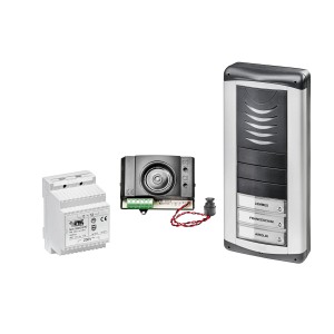 t.b.t. Kit completo per citofono con unità esterna, alimentatore e altoparlante.
