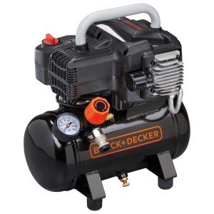 Compressore Black+Decker nero con manometro e maniglia.
