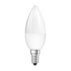 Lampadina LED E14 bianca a forma di candela.
