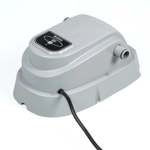 Riscaldatore per piscina Bestway, pompa di calore grigia con display digitale e cavo di alimentazione nero.