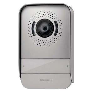 Videosorveglianza t.b.t. argentata con telecamera e altoparlante.