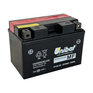 Batteria moto Unibat CT12A-BS, 12V 10Ah, adatta per impianti elettrici moto.