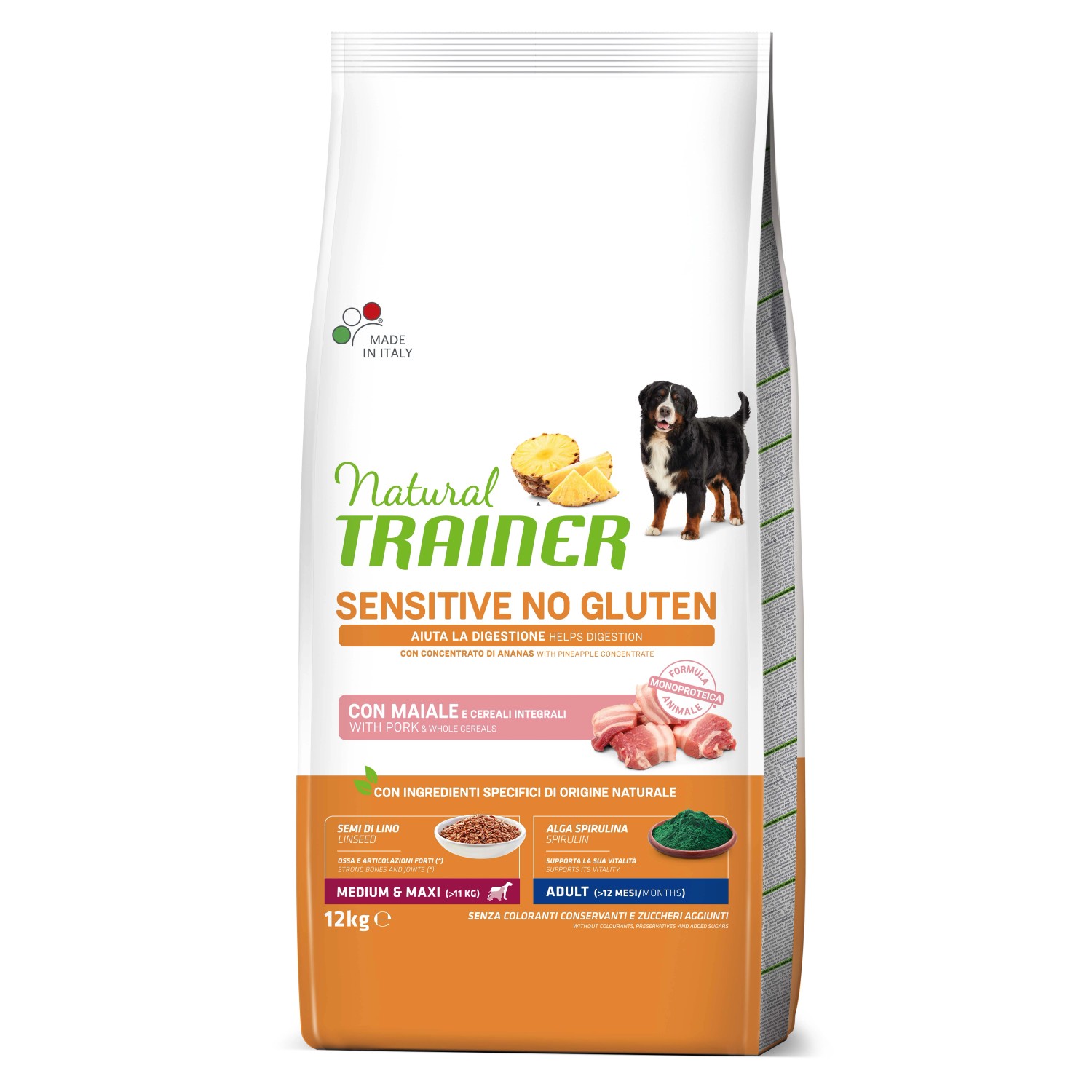 Natural Trainer Sensitive cibo secco per cani, senza glutine, con maiale e cereali.