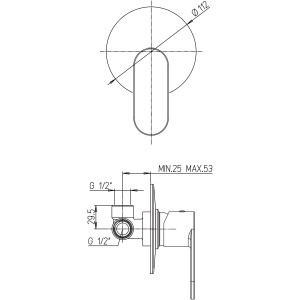 Disegno tecnico: Miscelatore doccia t.b.t. con dimensioni.