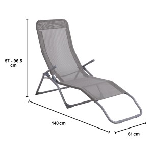 Lettino prendisole grigio t.b.t. con schienale e braccioli regolabili. Dimensioni: 140x61 cm.