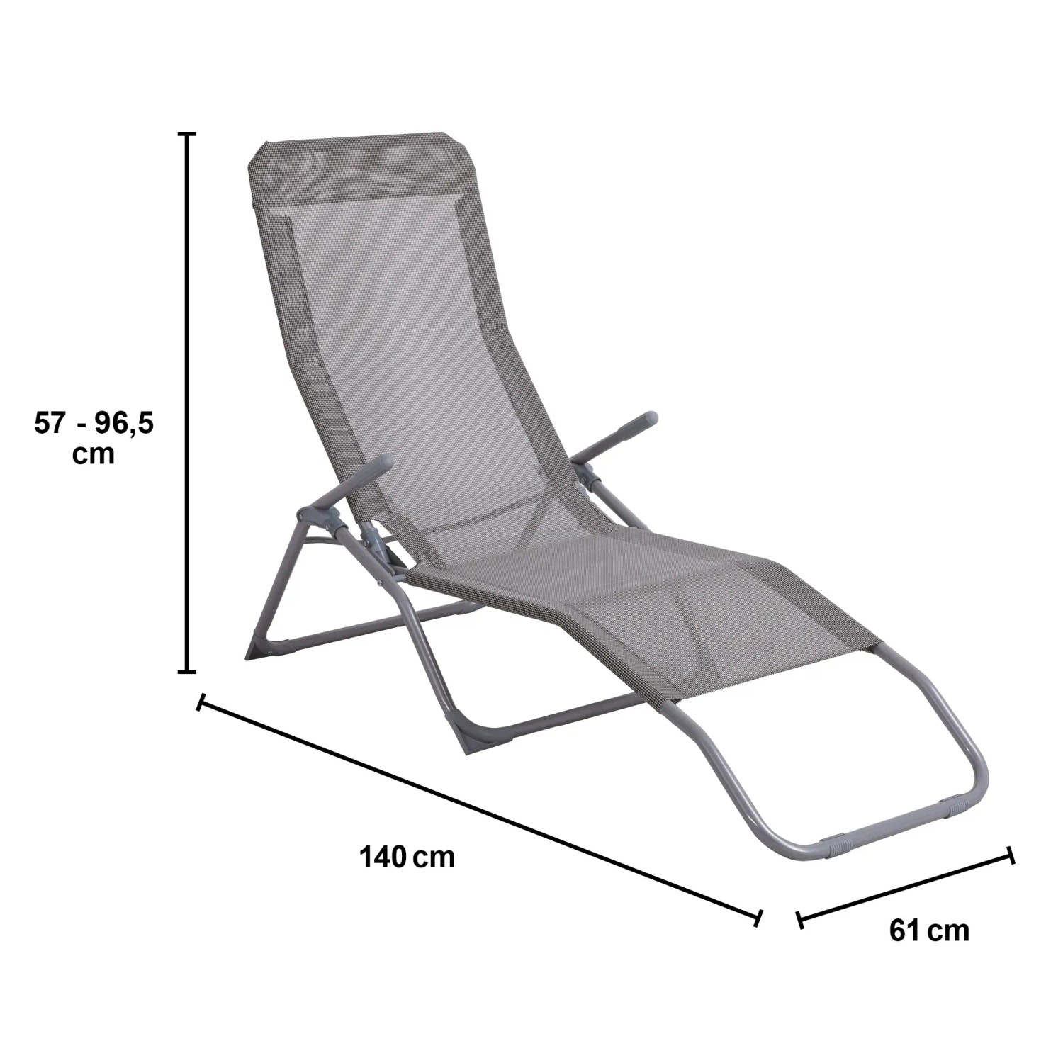 Lettino prendisole grigio t.b.t. con schienale e braccioli regolabili. Dimensioni: 140x61 cm.