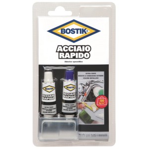 Adesivo bicomponente Bostik Acciaio Rapido per metallo, dettaglio della confezione.