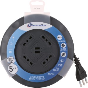 Avvolgicavo grigio con 4 prese, 2 porte USB e cavo da 5m.