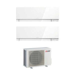 Climatizzatore t.b.t. bianco con unità interna ed esterna per un clima confortevole.